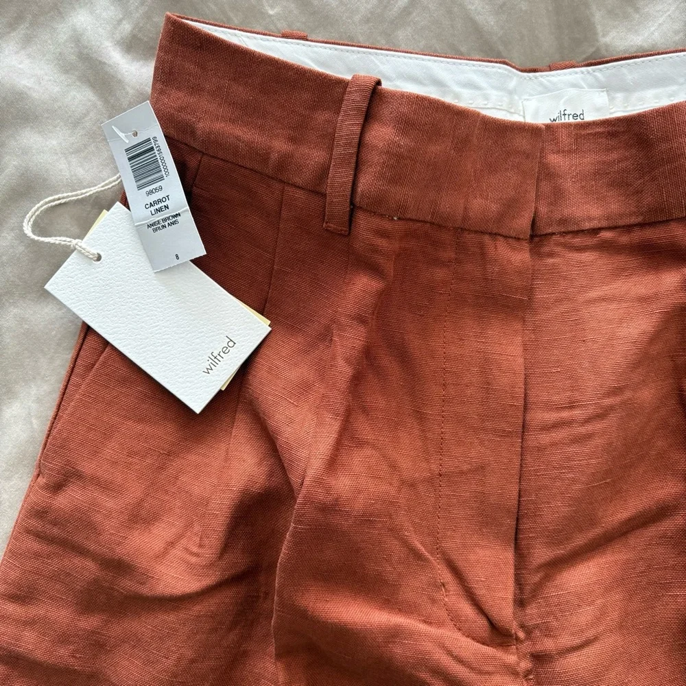 Aritzia Wilfred Carrot Linen High‎ Waisted Pants In Anise Brown Color Size 8 NWT